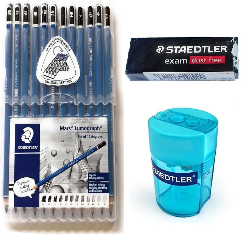 Staedtler Mars Lumograph Pencil Set â€“ 12 Premium Graphite Drawing Pencils (6H-8B) with Sharpener & Dust-Free Eraser â€“ Professional Sketching & Shading Kit for Artists, Designers & Students - Image 1